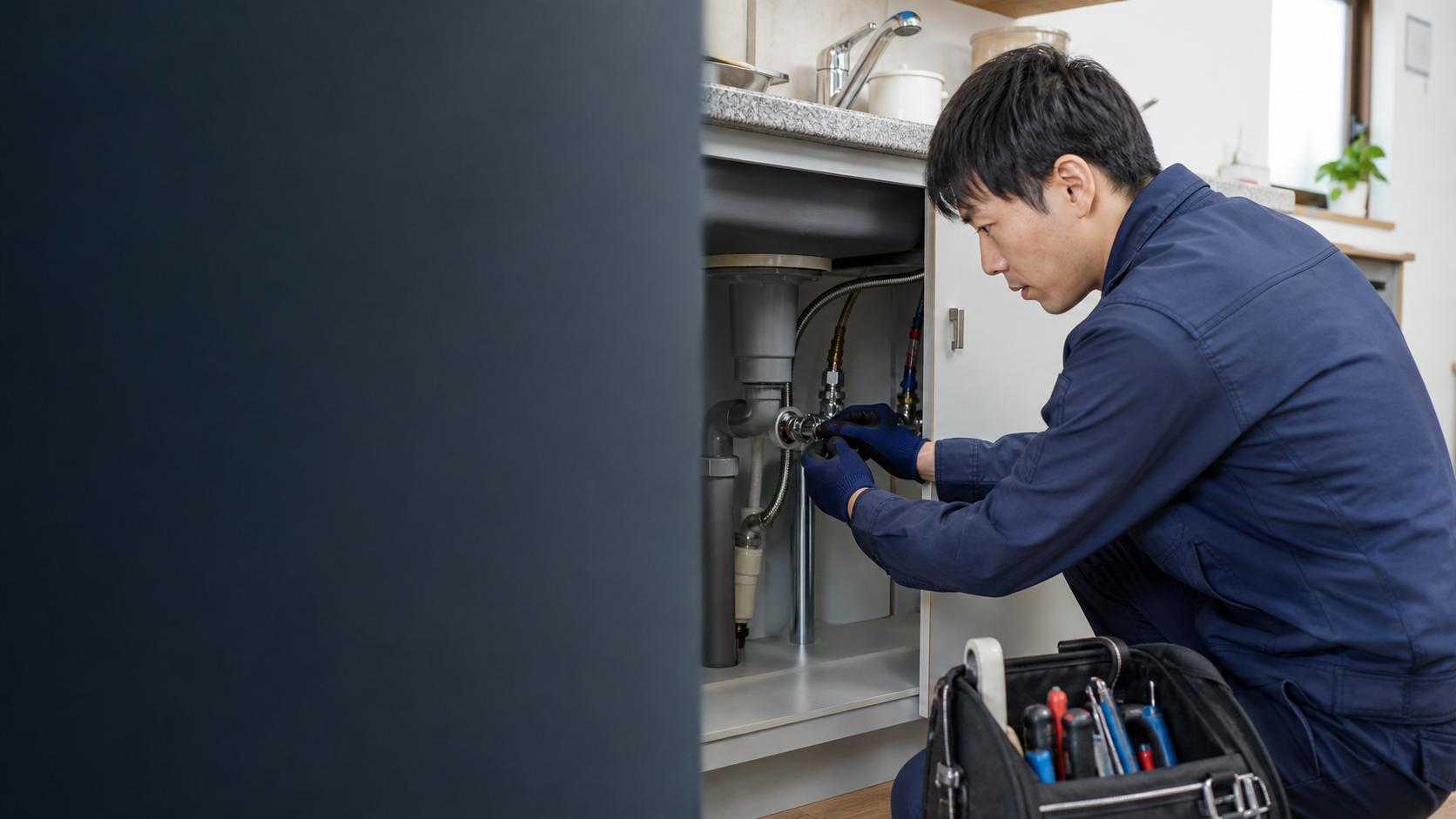 水回りの配管を点検する作業員の施工イメージ