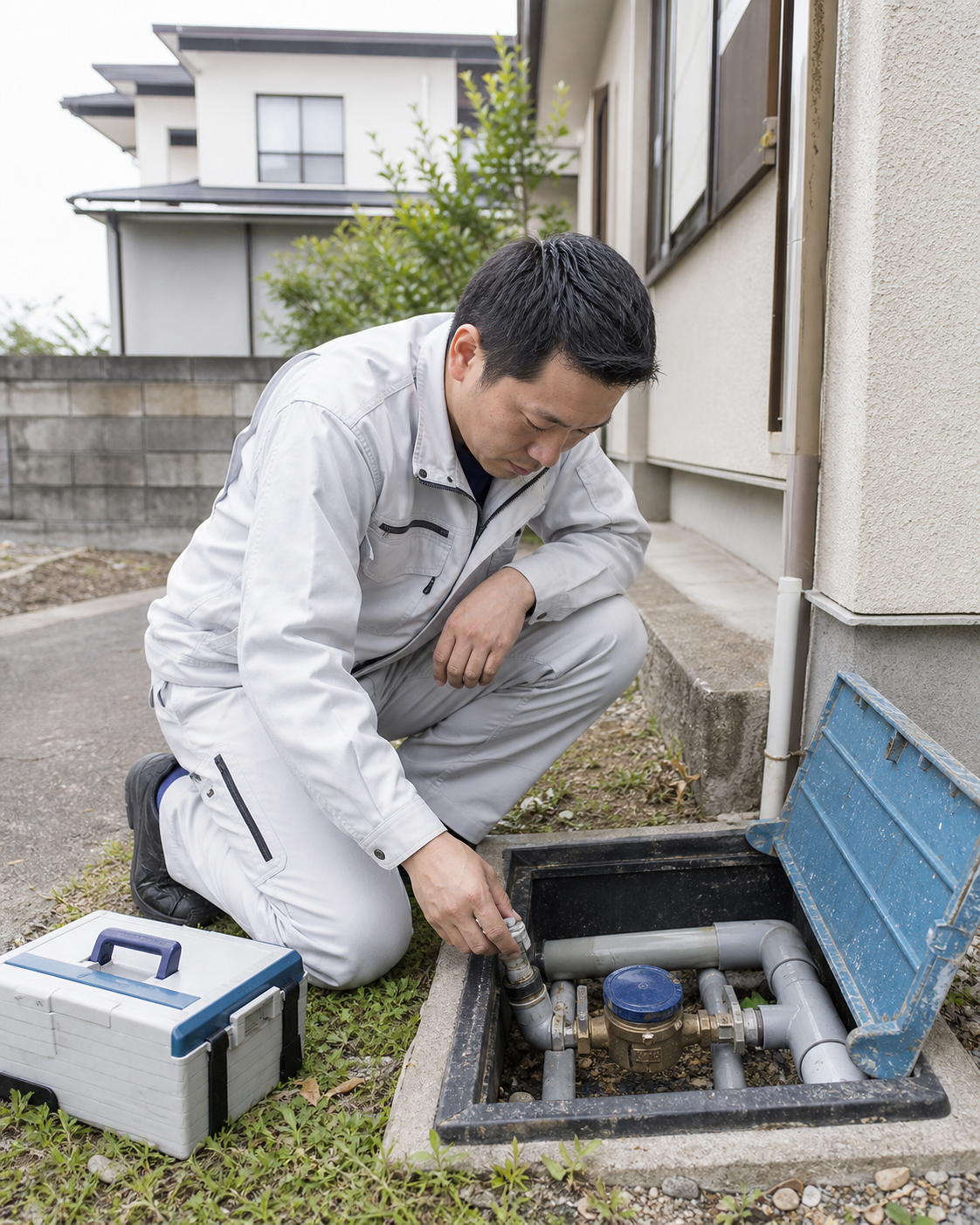 屋外の水道設備を点検する施工イメージ